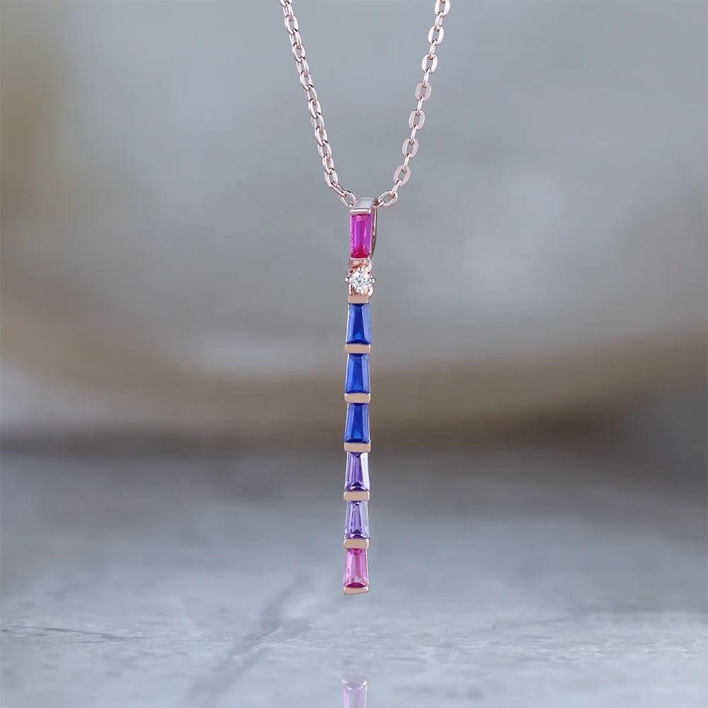 925 Sterling Silver Pendant Trapezoid Cut Rainbow Zircon Pendant Necklace Baguette Necklace Pendant