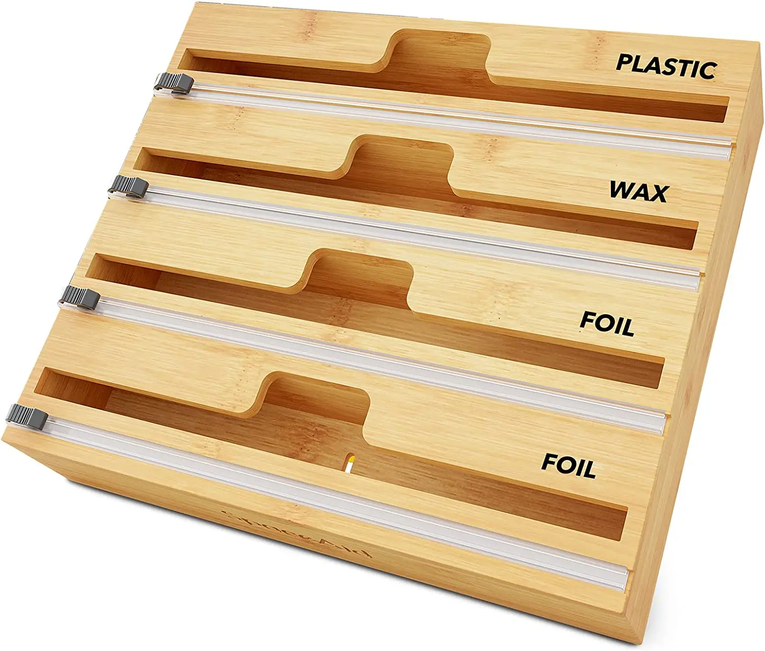4 in 1 Wrap Dispenser with Cutter and Labels Aluminum Foil and Wax Paper Dispenser for Kitchen Drawer Bamboo Rol