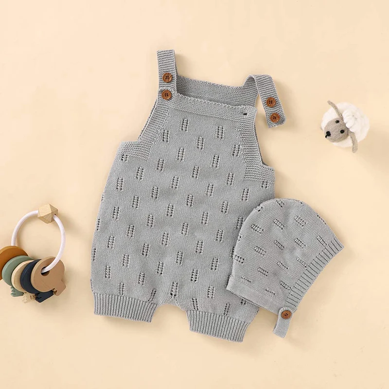 Knit Baby Sleeveless Romper With Hat, Comfortable Jumpsuit