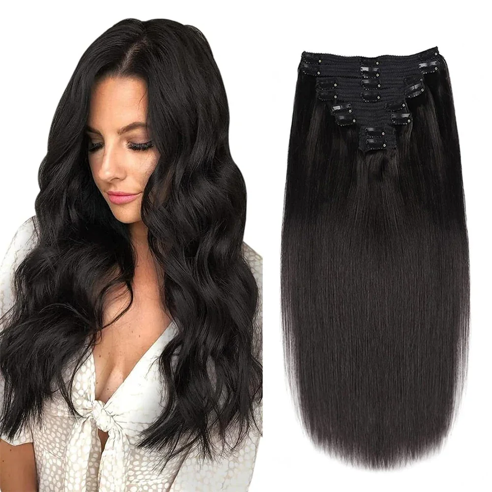120 gramas Clip In Hair Extension 18 Clips 100% Remy Natural Human Hair Clip-On HairPiece Cabeça inteira 14-28 polegadas 1B para suprimentos de salão_voghion.com