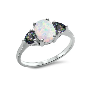 Anneau Argent Jewelry Three Stone Rainbow Topaz And Oval Engagement White Fire Opal 925 Sterling Silver Ring For Women