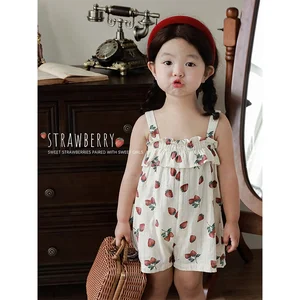 X4185 Exquisite Strawberry Digital Print Summer Kids Girls Beige Tank Shirt Baby Girls Cozy Wholesale All-Match Top Kid