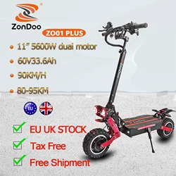 ZonDoo 60v 5600W 6000w dual motor high speed electric scooter 11 inch tire tubeless e bike scooter 33.6ah battery range