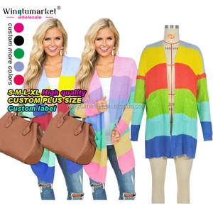 Custom Fashion Rainbow Cardigan Sweaters Women Loose Patchwork Striped Loose Winter Color Block Ladies Sweater Cardigans