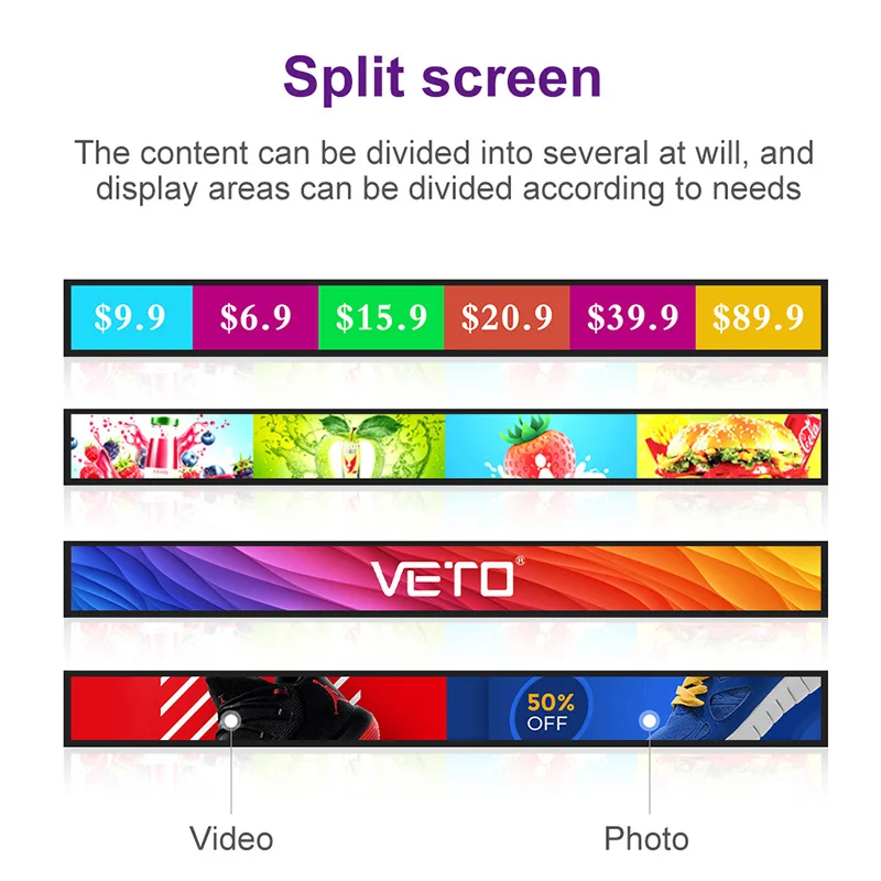 VETO Shelf Edge TFT LCD Displays Video Advertising Player Stretched Bar Display for Supermarket Retail Store