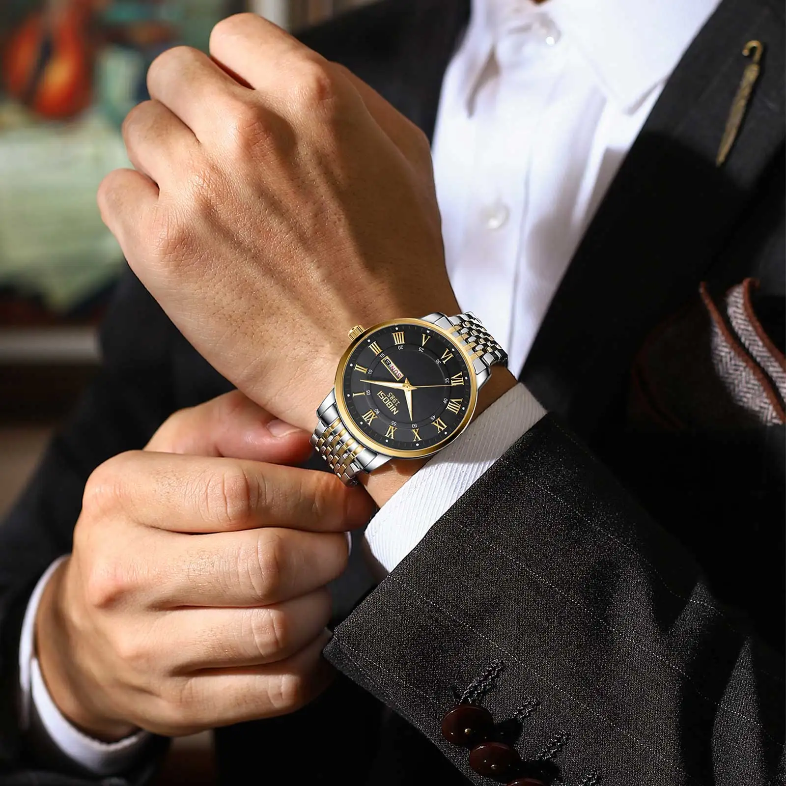 NIBOSI Orologio Da Polso Uomo/Donna - Quadrante Nero Con Cristalli E Numeri Romani, Cassa Bicolore Oro/Argento, Giorno-Data, Impermeabile, Quarzo