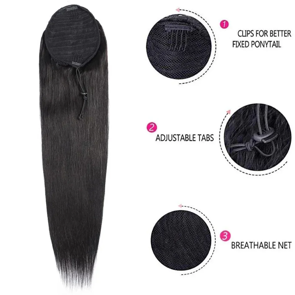 Drawstring Ponytail Straight Remy Human Hair Brazilian Hair Ponytail With Clips 1 Piece Natural Black 16-26 Inch Women Hairpiece_voghion.com