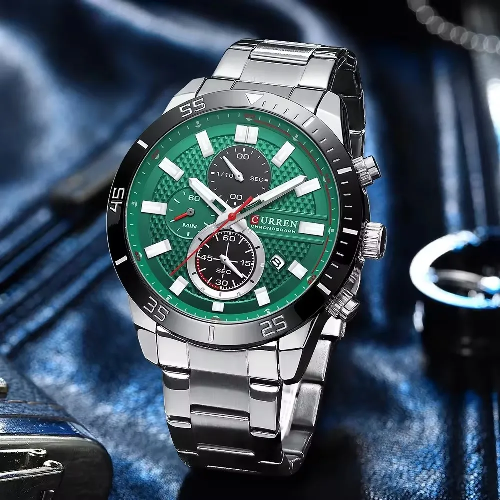 CURREN 8417 Quartz WristWatch Green Color Luxury Stainless Steel Sport Male Clock Waterproof Chronograph Date Men Watch
