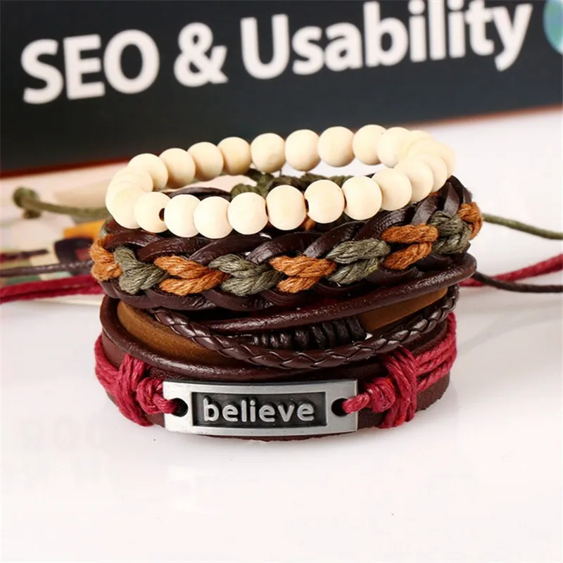 Hot Sale Believe Braided Rope Leather Bracelets Wholesale Wooden Beads Multi Layer Wrap Leather Bracelet