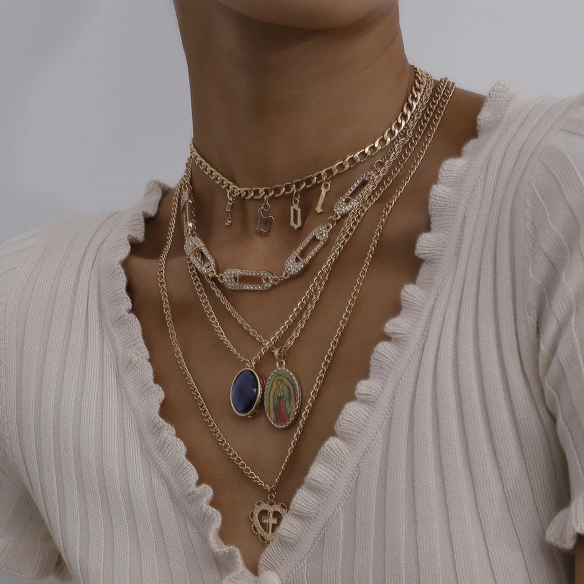 New Ins Trend Multi Layer Gold Necklace Set Hot Pin Diamond Clavicle Chain love Cross Virgin Mary Pendant Gem Necklace Jewelry