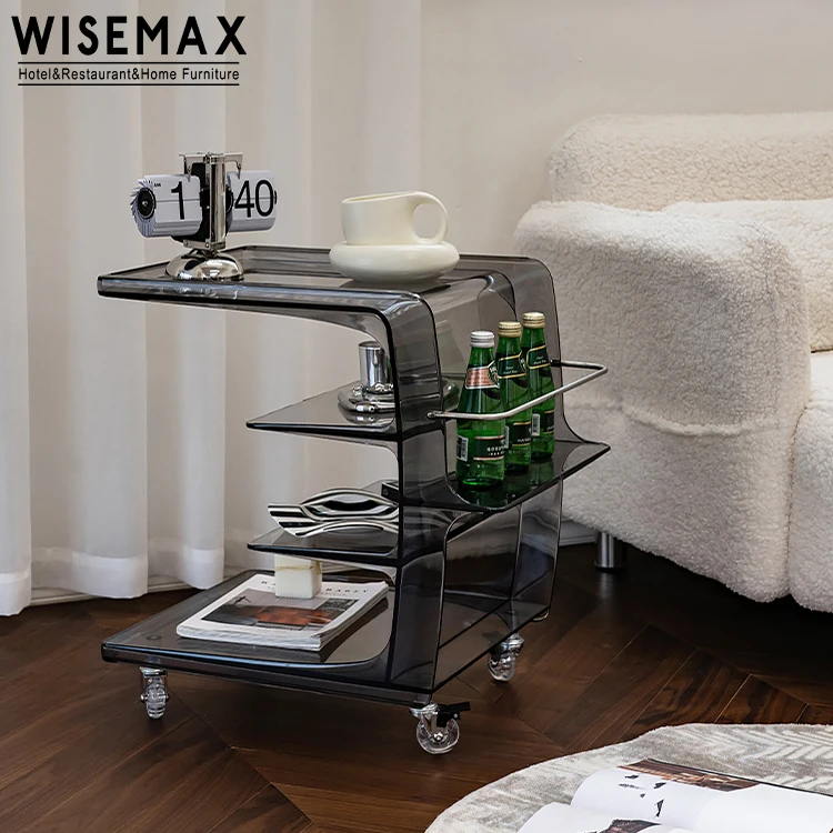 WISEMAX FURNITURE Nordic Living Room Furniture C Shape White Side Table Plastic Frame 4 Layers Coffee Table with Wheel