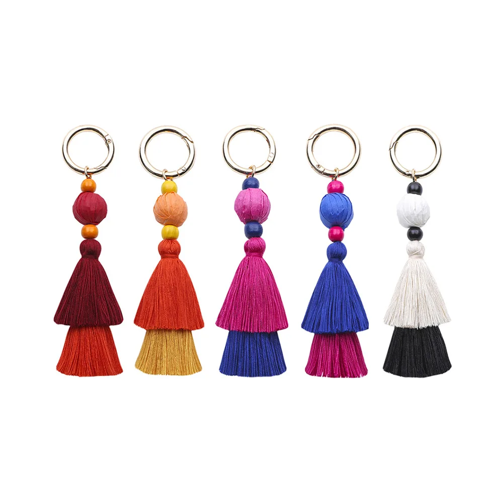 2021 New Arrival Handmade Bohemian Tassel Keychain Small Pom Pom Ball  Cotton Layered Tassels Key Chain Rings