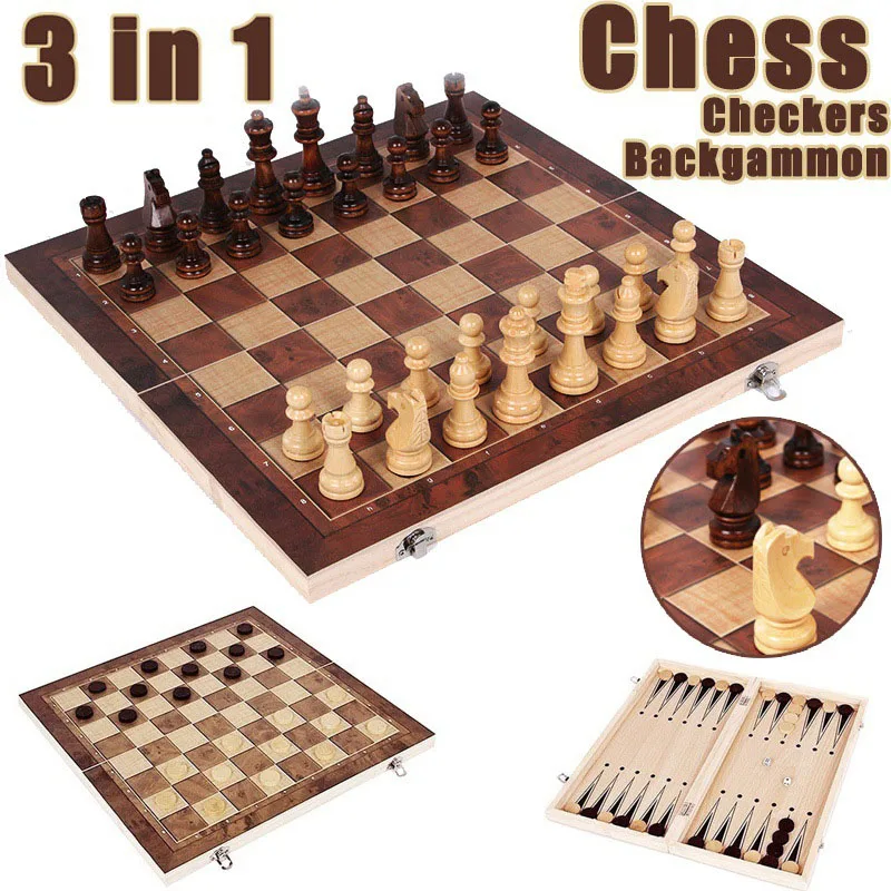 Backgammon Checkers Travel Group Game Chess Chessboard Game Chess Set High Quality Wooden Three in One Portable Folding 3 in 1