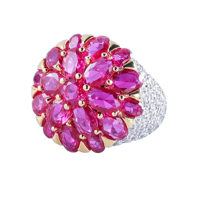 Large Vintage Statement Diamond Flower Ring New Design Red Pink Blue Jewelry for Wedding Engagement & Party Free Size ODM Supply