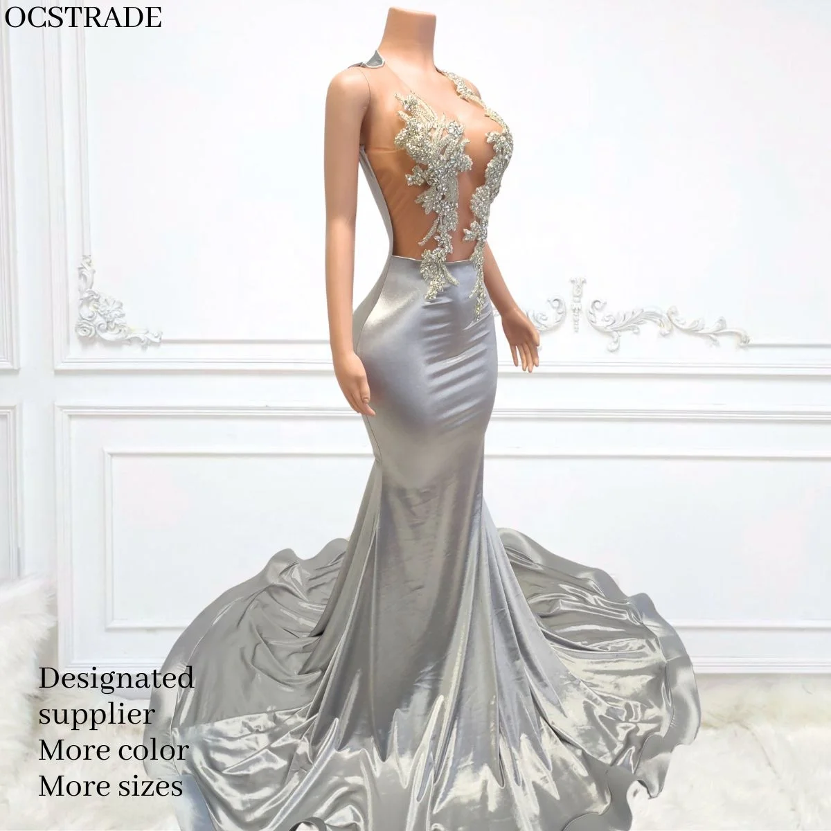Ocstrade New Sleeveless Ball Gown Long Prom Dresses 2024 Elegant Silver  Rhinestone Diamond Luxury Evening Dresses for Women| Alibaba.com