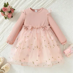 Girls' Sweet Style Floral Princess Dress O-Neck Fly Sleeve Bow Lace and Ruffles Decor Knee-Length Chiffon Clothes for Kids
