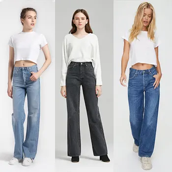 Jeans manufacturer cheap price women trousers high waist solid denim plus size classic casual simple women wide leg pants