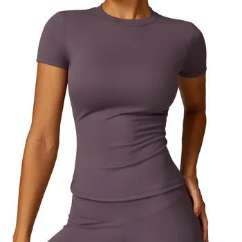 Eachyes Women Boat Neck Seamless Top Built In Bra Ribbed Short Sleeve Slim Fitted Shirts Trendy Summer Tops 2025 Baby Blue At Women's Clothing Store