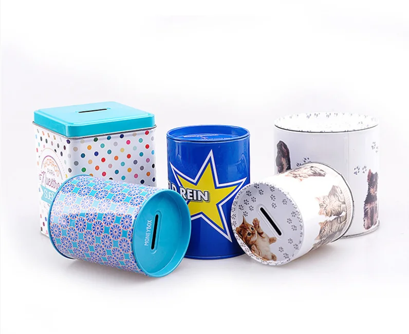 Custom novelty metal round tin can coin bank tin money saving box bank for kids