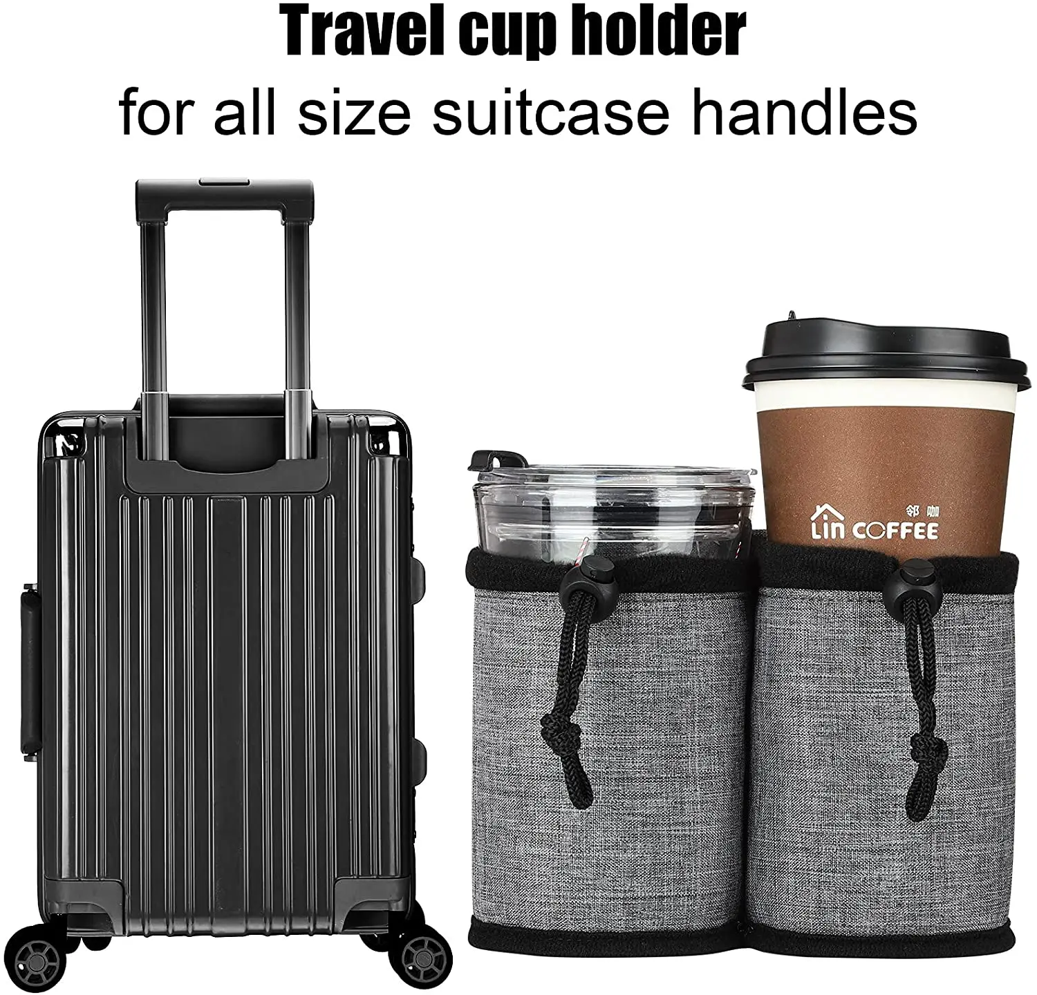 Freehand travel cup holder works on suitcases