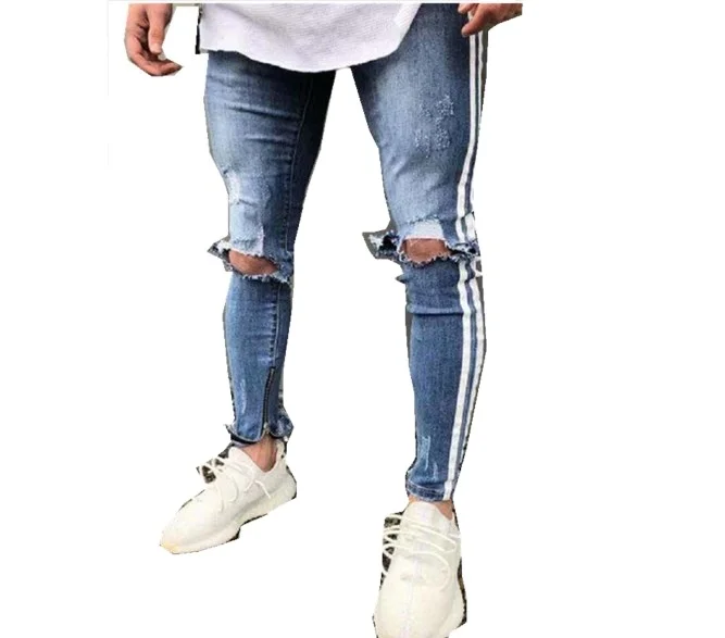 Pantalones Hombre Cremallera Rayas Agujero Vintage Lavado Hi Pantalones Hombre Cremallera Rayas Agujero Vintage Lavado Hi
