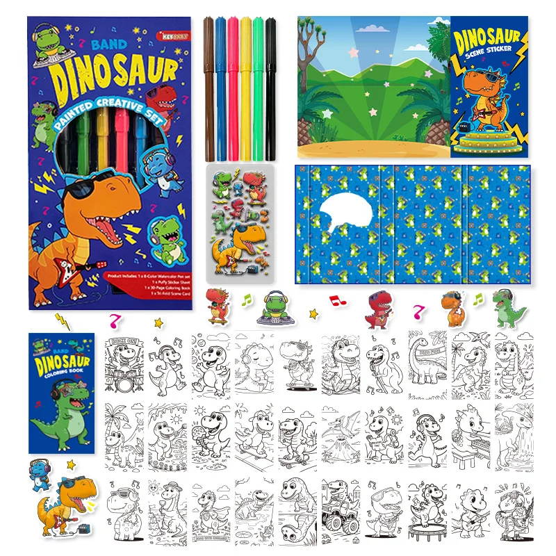 Custom New Cognition Tri-Fold Dinosaur Band Creative Scene Reusable Puffy Stickers Coloring Book Set for Kids Student