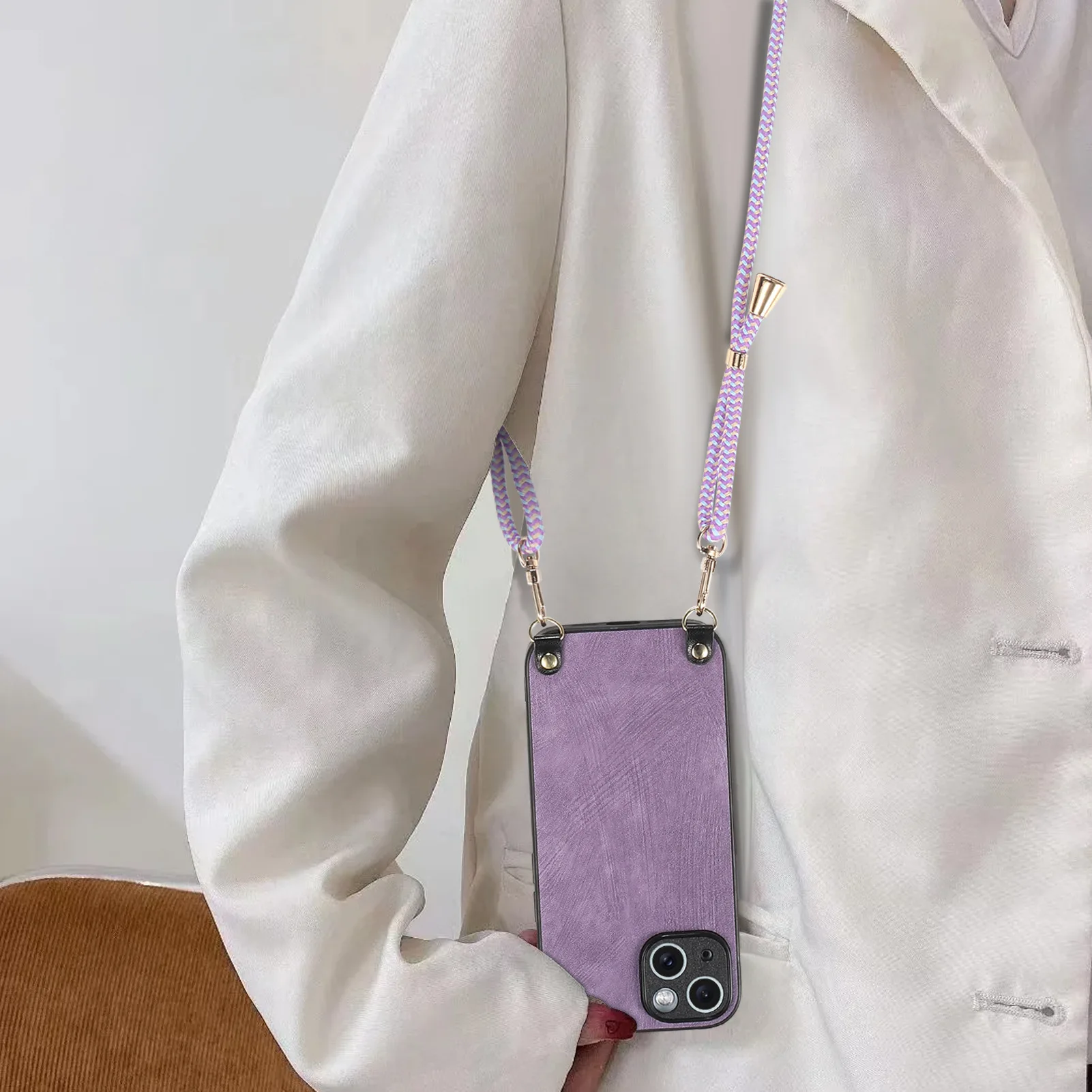 Shockproof Chain Crossbody Plain Leather Case With Wrist Strap And Lanyard For IPhone 17 AIR 16E 15 Pro Max_voghion.com