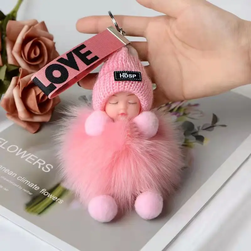 Kawaii Sleeping Baby Doll Plushie Keychain Plush Doll Rabbit Fur Pom