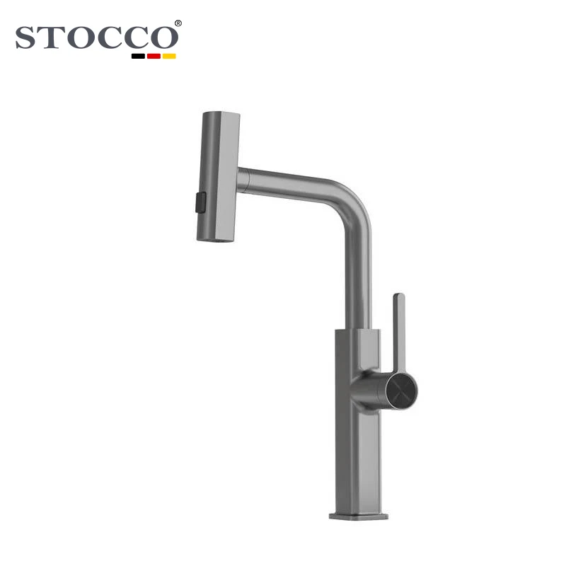STOCCO Modern Design Single Hole Deck 3 Way Pull Waterfall Kitchen Faucet Brass Material Ceramic Unique Gun Cold Water Tap Pull