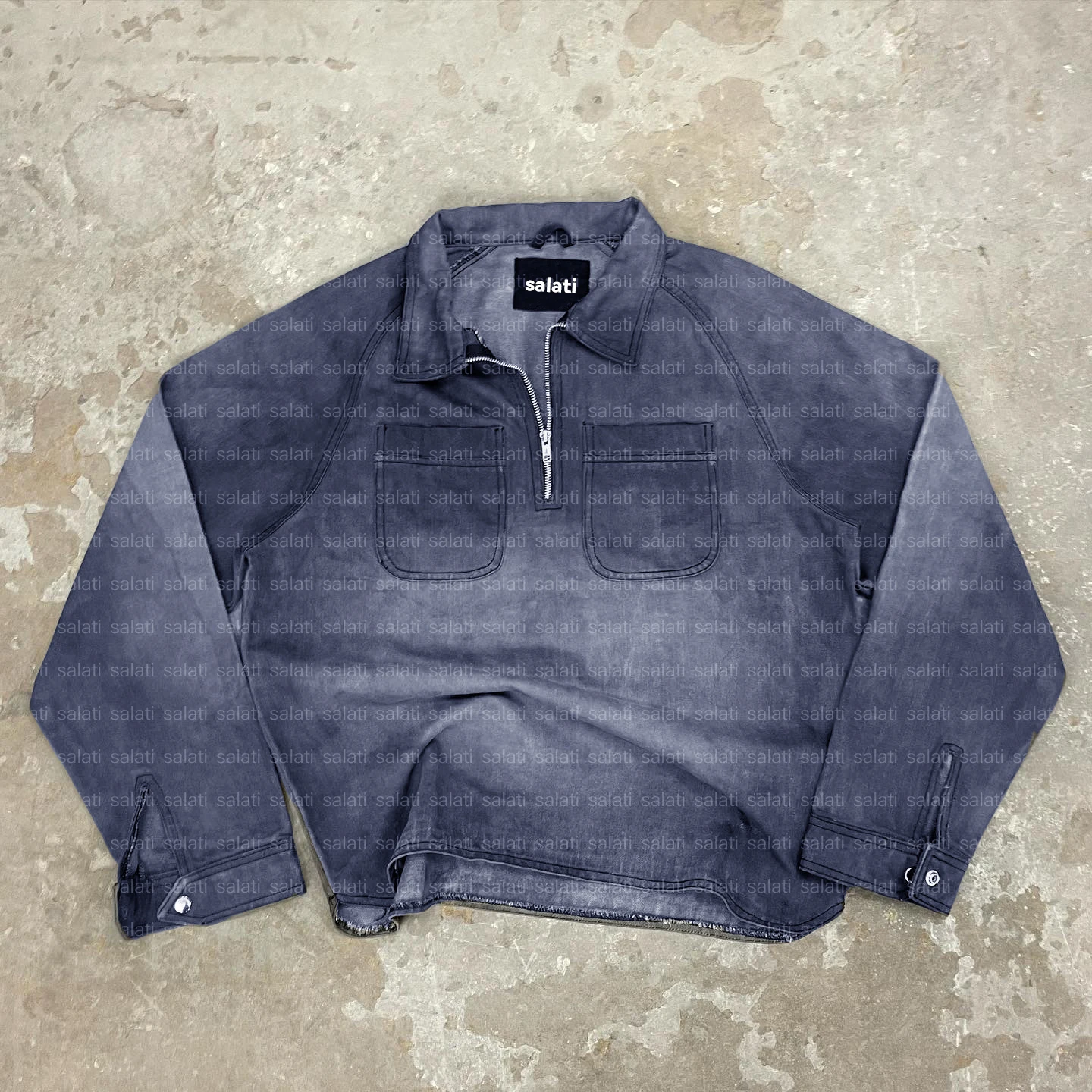 Salati 1/4 Quarter Zip Pullover Sweatshirt Sun Faded Blank Baggy Acid Wash Long Sleeve Jean Denim Tshirt Workwear Work Shirt Men gallery 8
