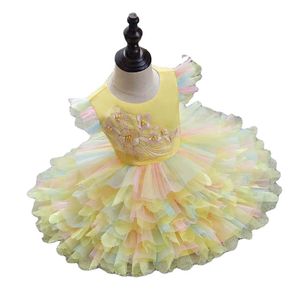 Korean Style Fluffy Lovely Flower Kids Girl Dress Colorful Baby Girl Birthday Dresses for 1 Years Old pink Girls Tutu Dress
