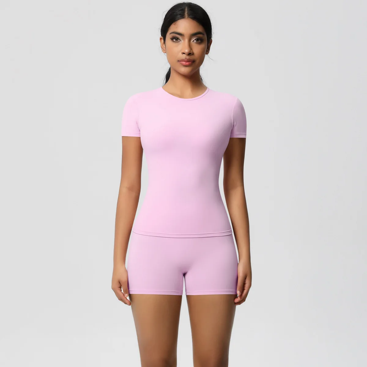 High-Waisted Peach Hip Shorts Yogas Fitness Set Breathable Slim Short-Sleeved Workout Se