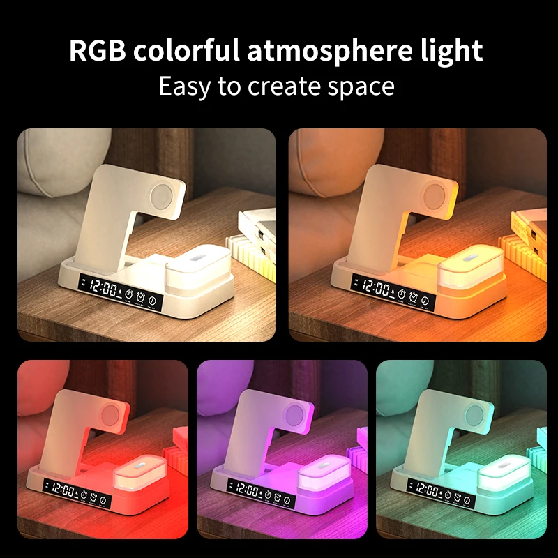 15W 4 in 1 Magnetic Digital Alarm Clock Wireless Charger Stand 3 in 1 Foldable Wireless Charger With RGB Lamp Night Led Light