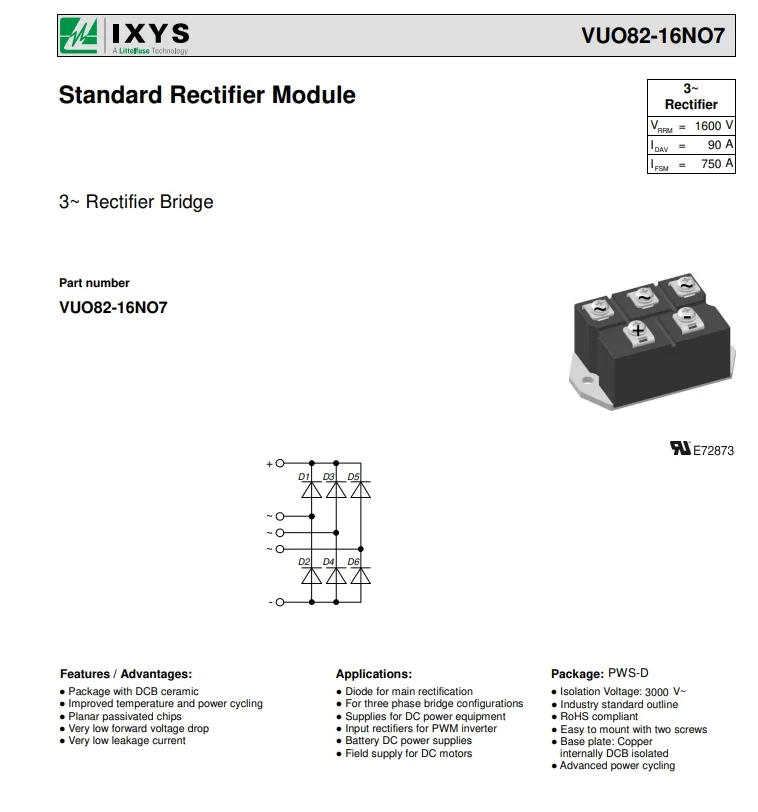 Hot sale Original VUO82-16NO7 BRIDGE RECT 3P 1.6KV 88A Bridge Rectifier Three Phase Standard 1.6 kV Chassis Mount PWS-D