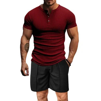 Summer men's casual sports suit European and American trendy T-shirt vertical stripe round neck single-breasted suit for men