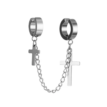 Trendy Titanium Steel Cross Chain Earrings with Diamond Fashionable Ear Cuffs Piercings for Men Women Dark Integrated Design