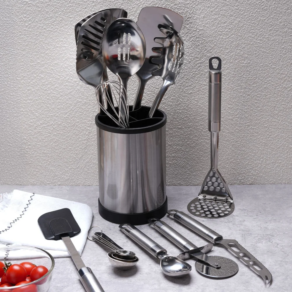 Hot Selling Stainless Steel Kitchen Gadgets Cooking Tools Stainless Steel Cooking Utensils Kitchen Utensils Set with Holder
