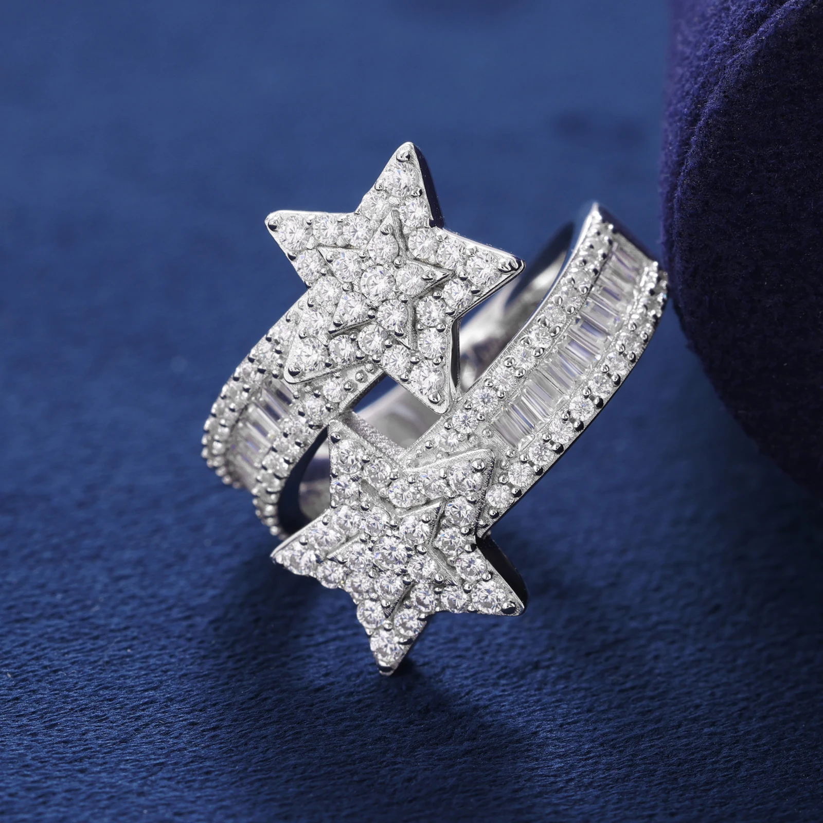 Bague étoile double épaisseur en argent massif et moissanite_voghion.com