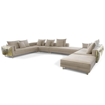 Luxury High-End L-Shaped Modular Sofa Set with Hammered Brass Ottoman Premium Fabric Sponge Filling for Living Room Furniture