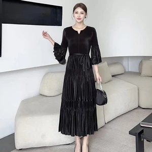 Elegant Black Pleated Midi Dress for Women - Tiered Ruffle Sleeve V-Neck Casual Office Dress with Belt