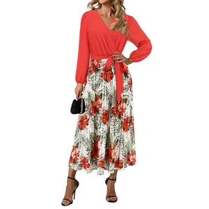 Plus Size Women's Casual Dress Long Sleeve Belt Pleated Dress Patchwork Printing Midi Dresses