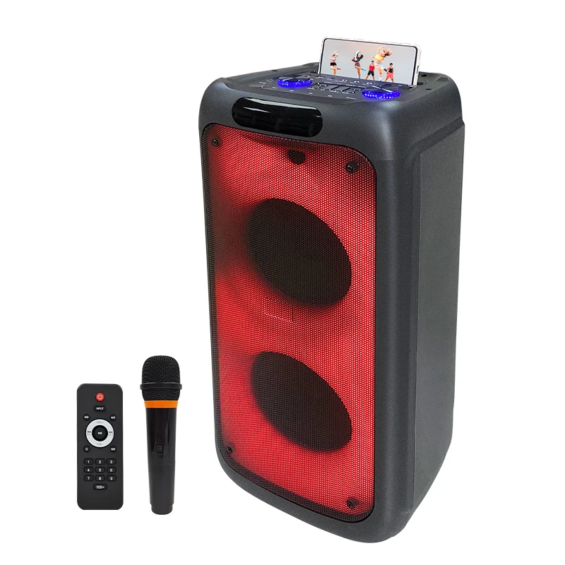 Rechargeable 100W Live Party Box Outdoor Portable Karaoke Loudest Bluetooth Colorful Led Flame Light Wireless Mic Speakers