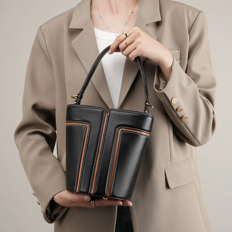 Custom Pebbles Pattern Lady Famale Leather Crossbody Shoulder Bag Leather Cowhide Bag for Women’s Bucket Bag