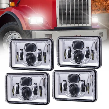 4PCS H4651 Semi Truck Headlight Chrome/Black 4x6 Inch LED Headlights Fit for Peterbilt Kenworth Freightinger Oldsmobile Cutlass