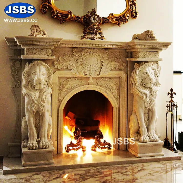 Custom Made Stone Carved White Marble fireplace Mantel Surround with lion Chateau Decoration Design