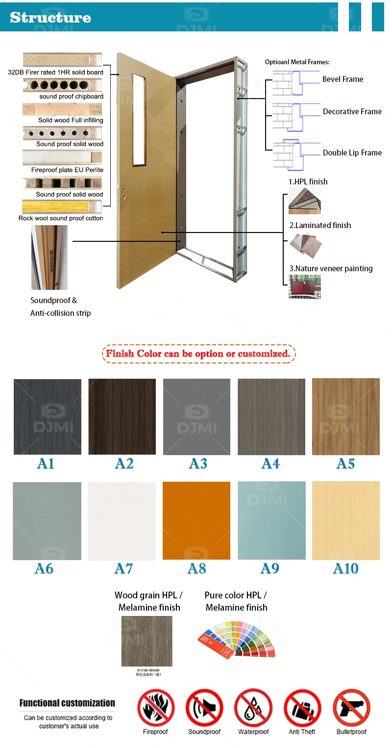 Foshan Custom Made Interior Wood Door With Metal Frame Hotel Wooden