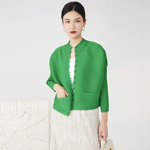 Miyake Pleated Vintage Spring New Arrival Solid Color Loose Fit Buttoned Long Sleeves Chic Outerwear Women's T-shirt