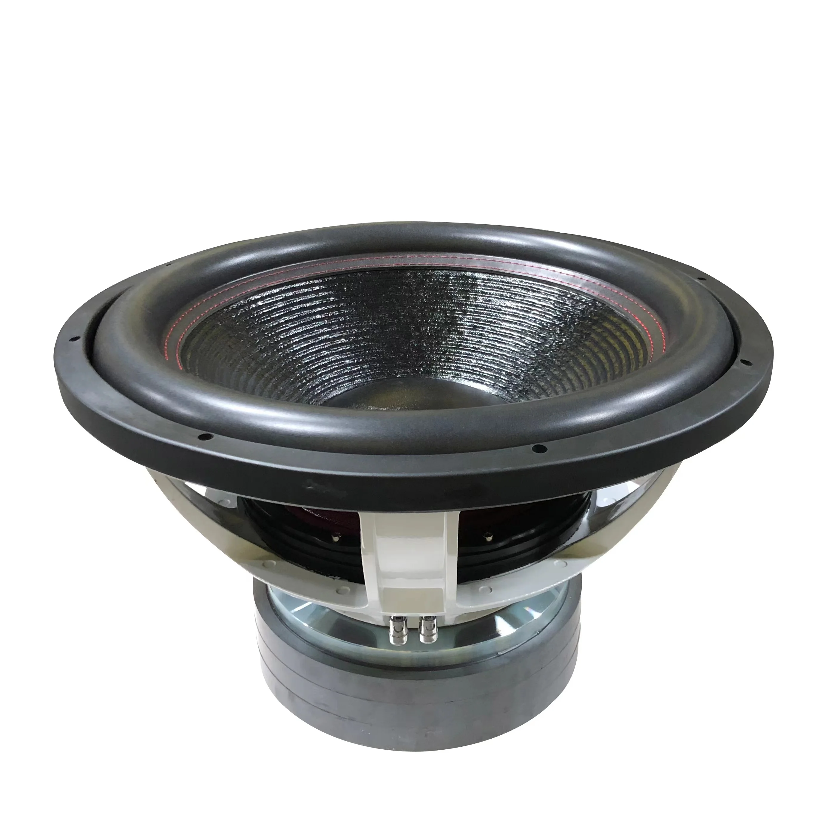 subwoofer automotriz de 18 pulgadas con doble bobina y cono de papel y aluminio, modelo 18100-034F, con respuesta de frecuencia de 30 Hz a 500 Hz y sensibilidad de 91 dB