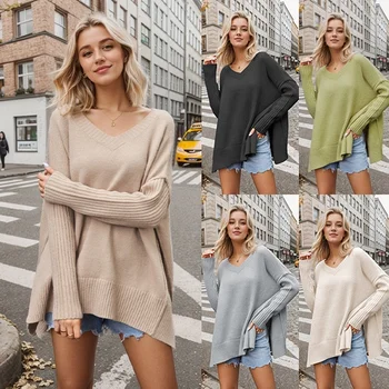 2024 autumn and winter cross-border new women's V-neck large size fashion knitwear foreign trade sexy pullover sweater