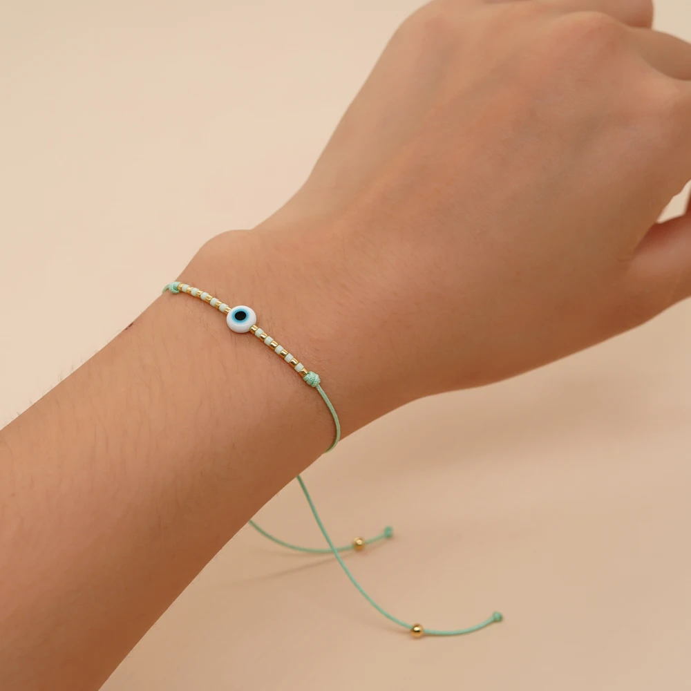 Go2boho Adjustable Rope Colorful Bead Evil Eye Bracelet Handmade 6mm White Round Glass Glass Eye Bead Bracelet